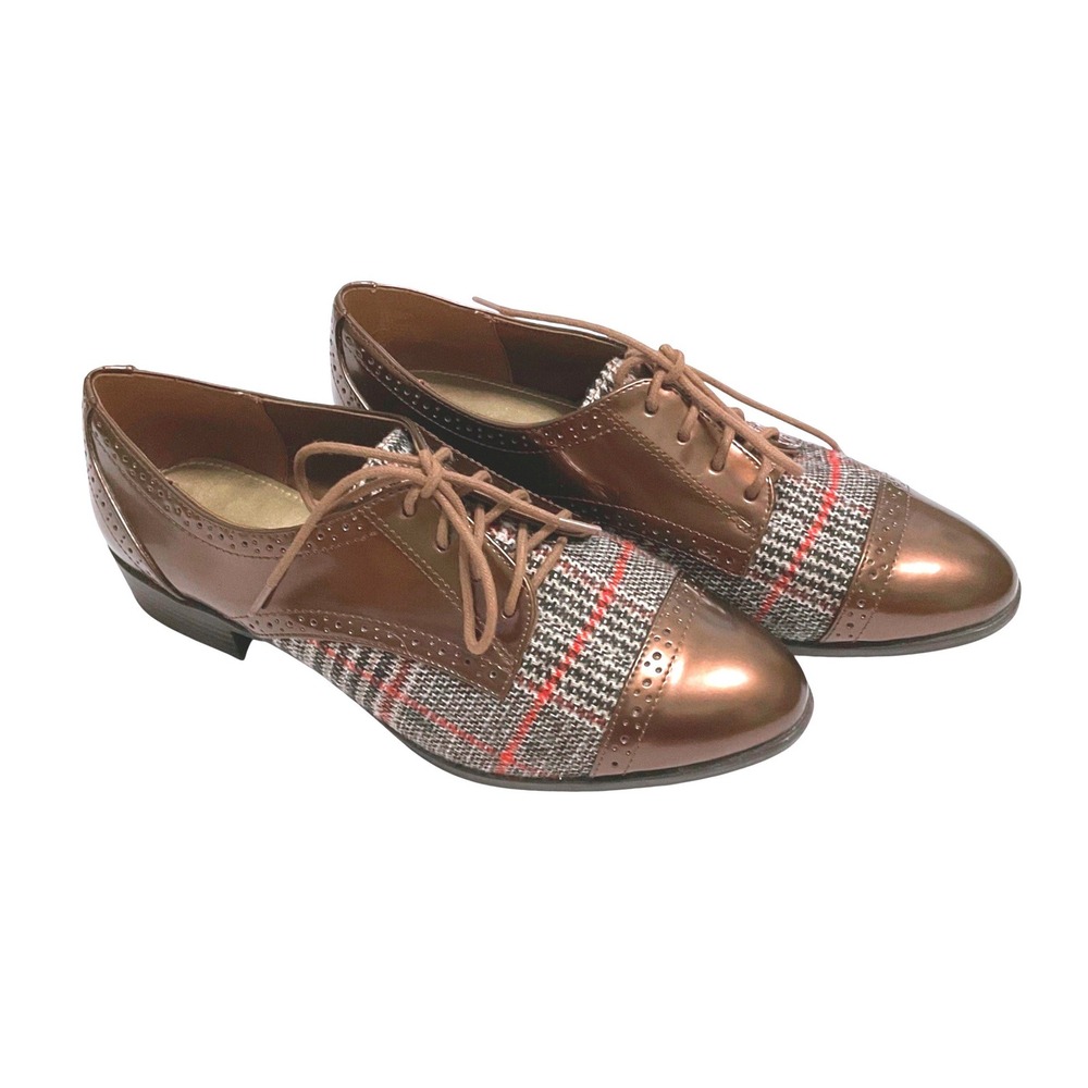 Anne Klein Louisa Classic Brown Plaid Oxford shoes Women's Houndstooth 8 Preppy